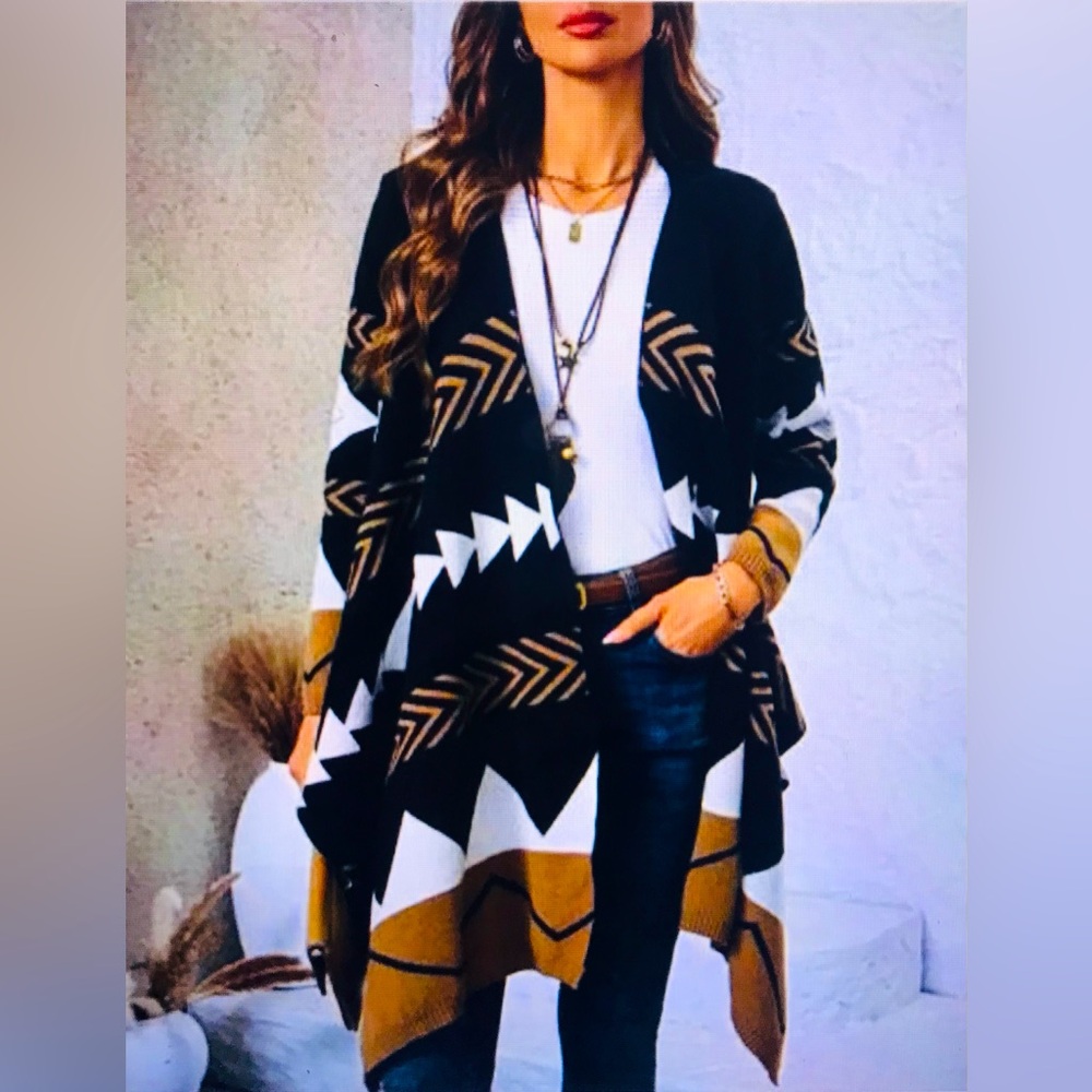 Geometric/Aztec Navy, Brown & White Open Cardi